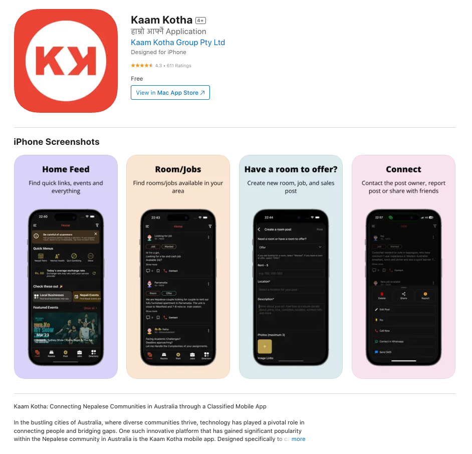Kaam Kotha Australia App Store Page